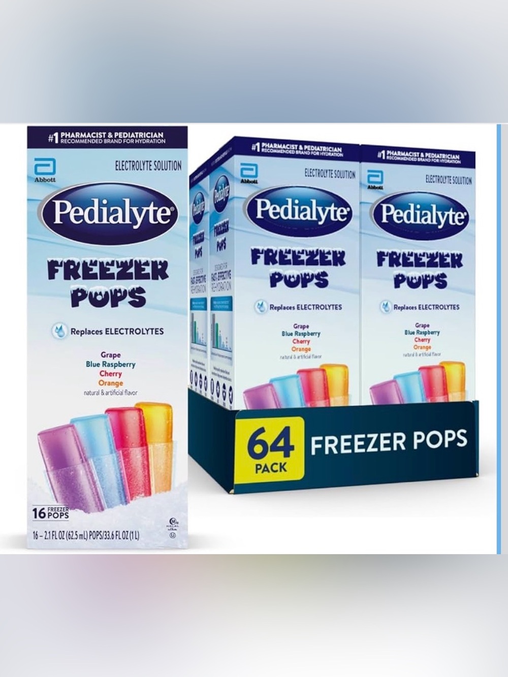 Pedialyte Electrolyte Solution Freezer Pops, Hydration Variety Pack of 64